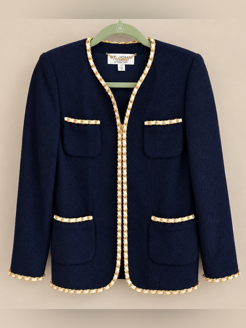 Vintage St John Couture Marie Gray Navy Gold Chain Trim Jacket Skirt Set 4/6
